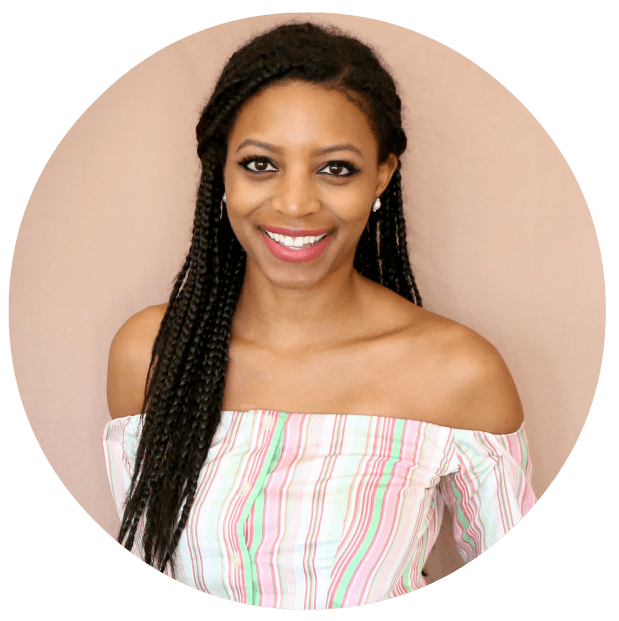 Headshot of Miaira Jennings, videographer for some of Sesi's photo shoots. She's wearing long box braids and an off-the-shoulder, striped dress against a beige background.