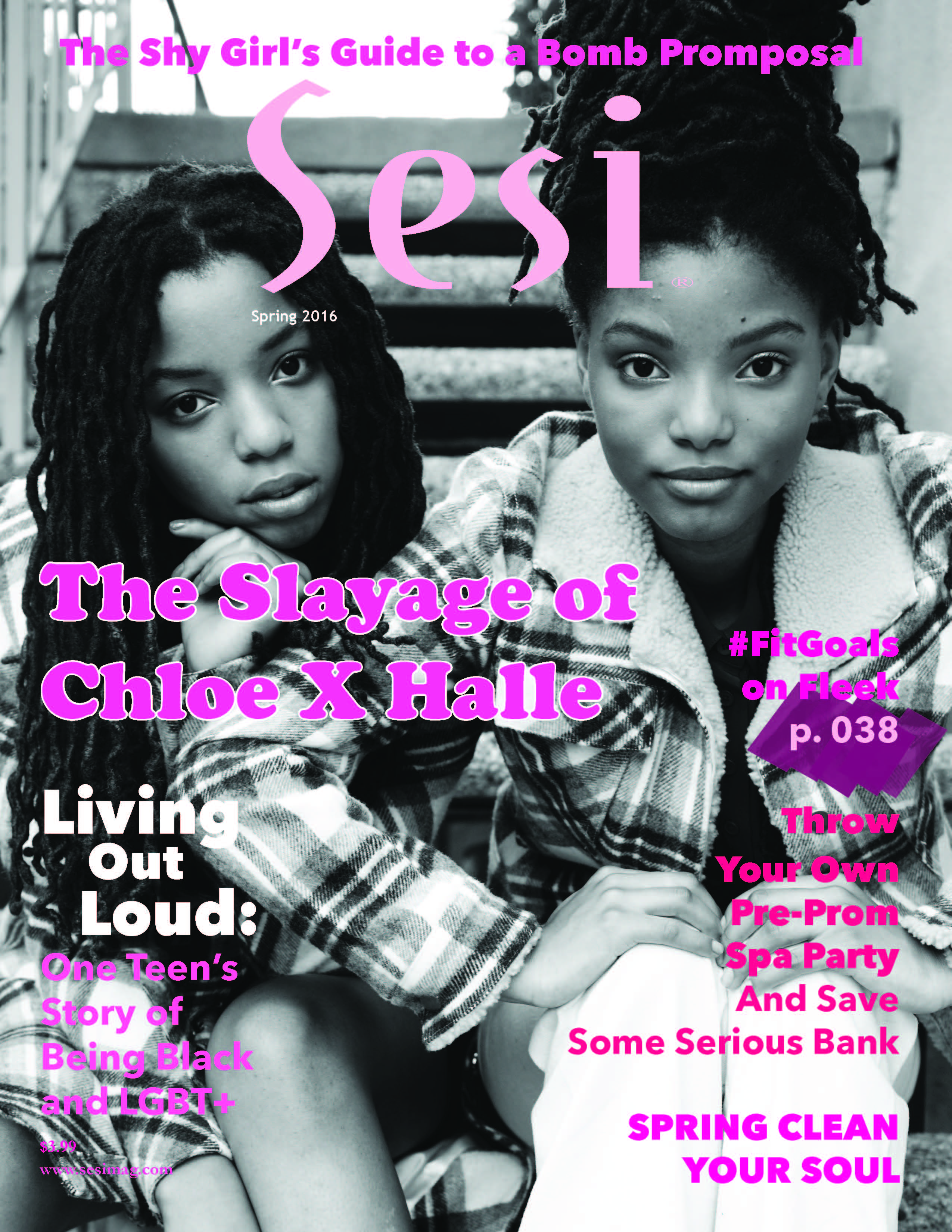 Chloe and Halle on the cover of Sesi magazine's spring 2016 issue. The cover photo is black and white; cover text is pink, purple, and white.
