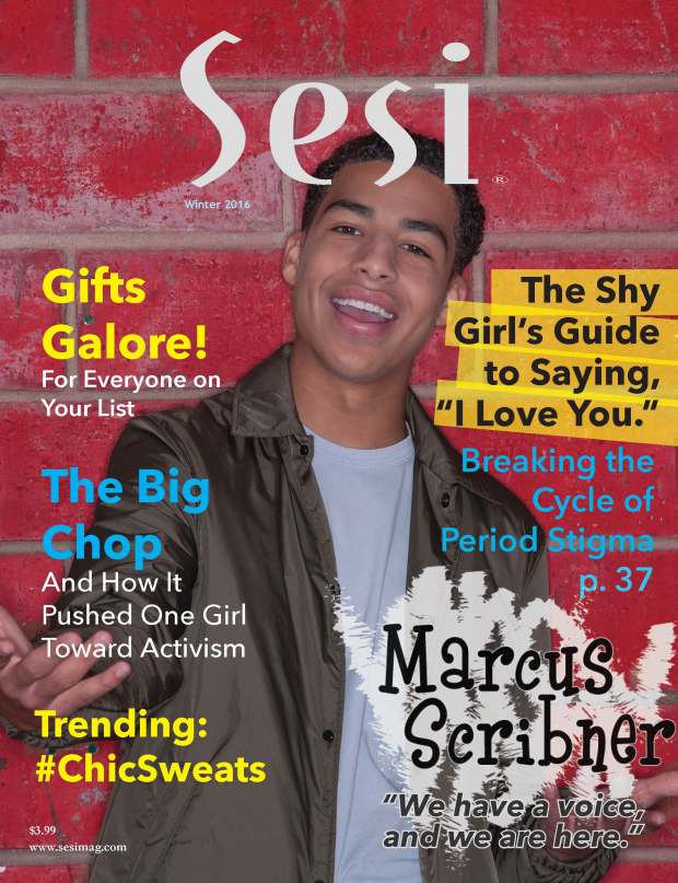 Marcus Scribner on the cover or Sesi magazine's winter 2016 issue. Cover background is red brick. Marcus is smiling and holding his arms outstretched. He's wearing a brown jacket with a blue tee.