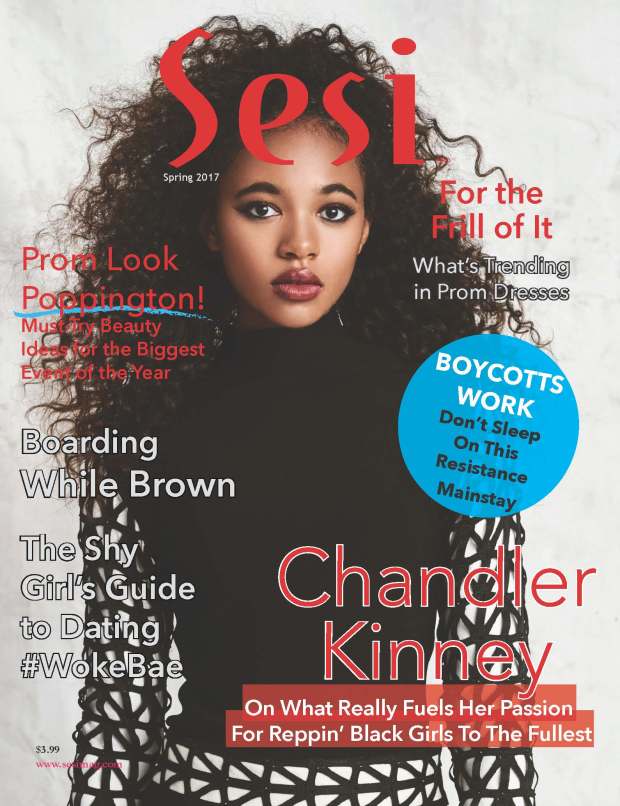 Chandler Kinney on the cover of Sesi magazine's spring 2017 issue. Cover background is light gray. Chandler's long, curly hair is half up, half down. She's looking directly at the camera and is wearing a black dress with white sleeves that have black netting over top of them.
