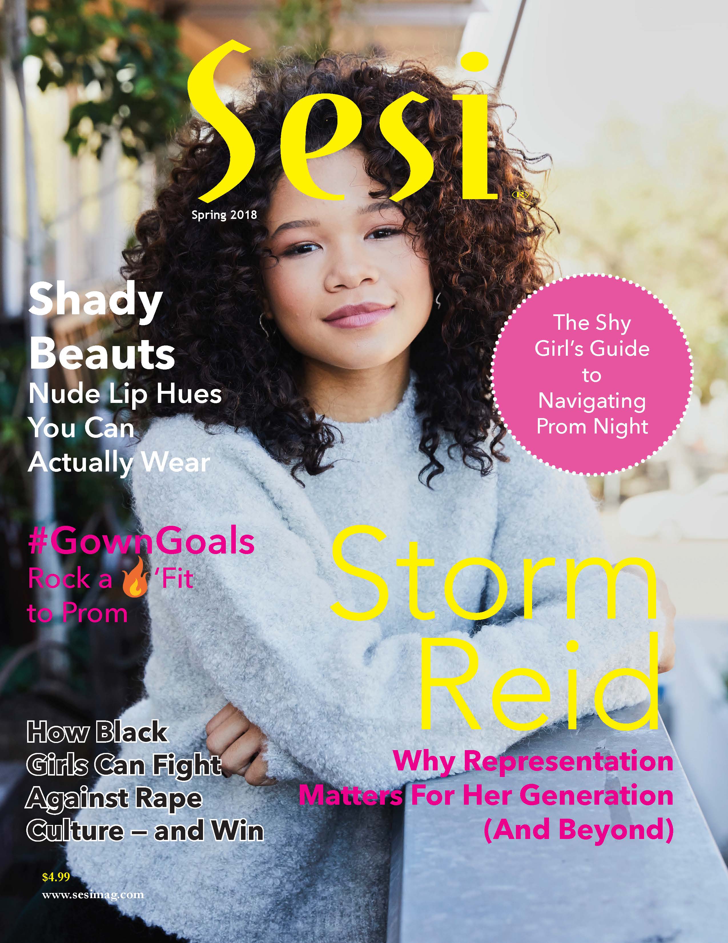Storm Reid on the cover of Sesi magazine's spring 2018 split cover. Her curly hair is worn down, and she has on a white boucle sweater.