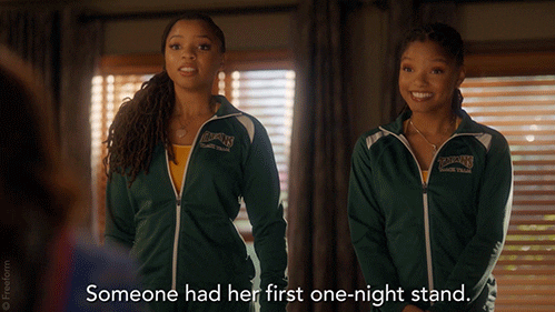 Gif of Jazz and Sky saying, "Someone had her first one-night stand."