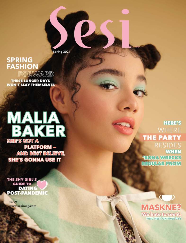 An image of Malia Baker on the cover of Sesi magazine's spring 2021 issue. Malia is wearing two Bantu knots on the top sides of her head with the rest of her curly hair out, and her baby hair is gelled down. She has pastel spring makeup on. The cover's colors are pink, pastel blue, and white. 