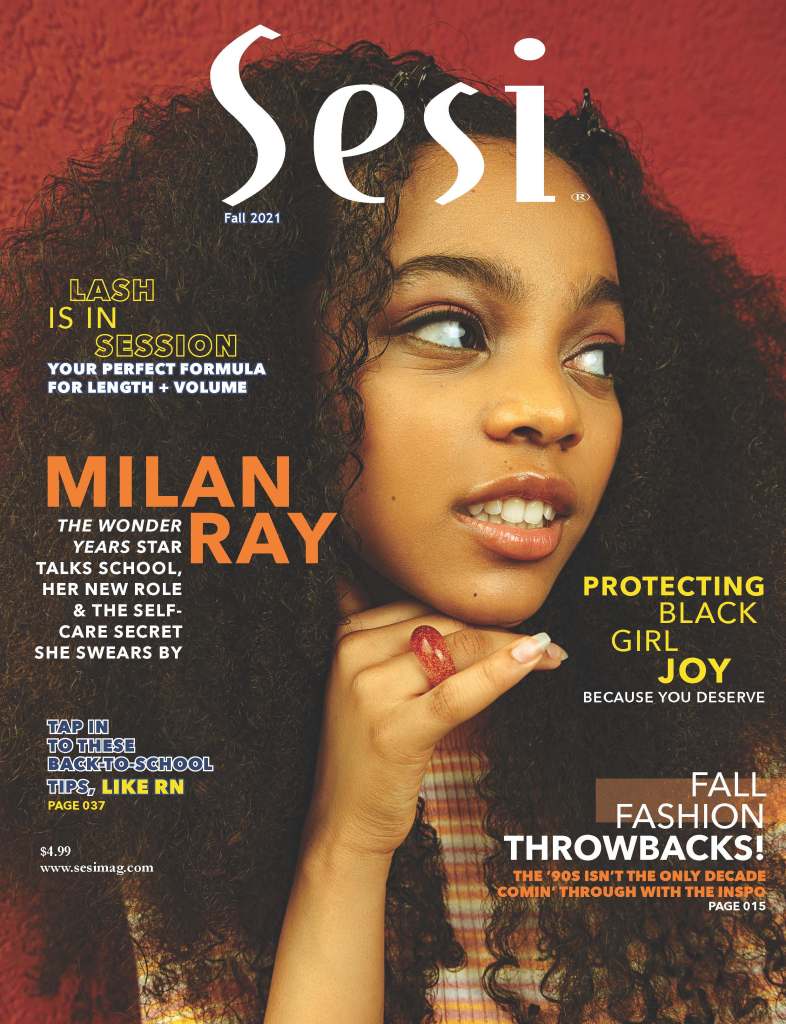 Black magazines: Milan Ray of The Wonder Years poses for Sesi magazine (a Black girl magazine) on red background; her head rests on her hand as she looks to the right