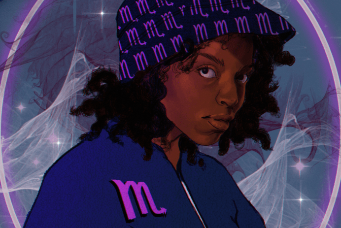 Illustration of Black teen girl wearing a dark blue hat and jacket emblazoned with the Scorpio astrological sign