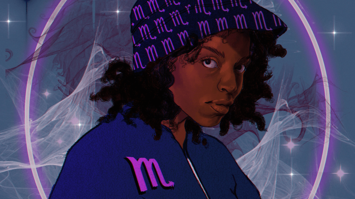 Illustration of Black teen girl wearing a dark blue hat and jacket emblazoned with the Scorpio astrological sign