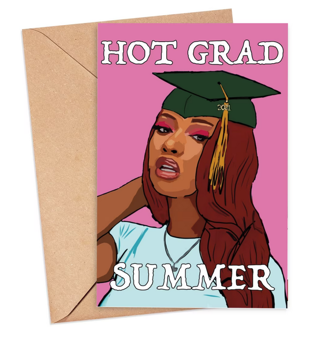 Graduation card with illustration of Megan Thee Stallion wearing grad cap and light blue tee. Text says "Hot Grad Summer."